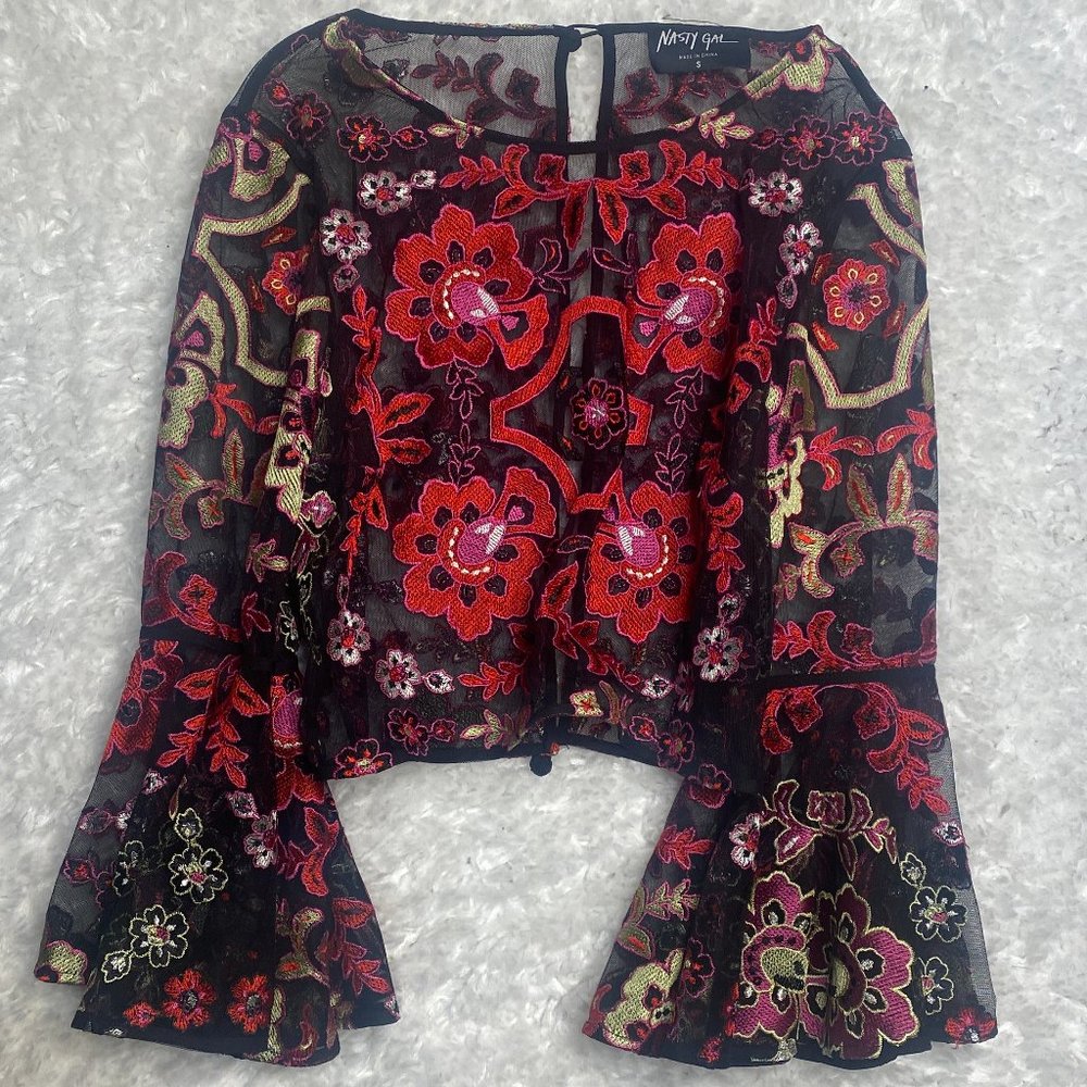 Nasty Gal embroidered floral blouse with bell sleeves Size small
